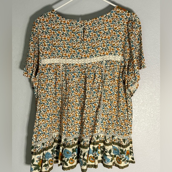 In Loom Short Sleeve Rayon Blouse Boho Floral Crocheted Lace Insert Ruffle L - Picture 2 of 5